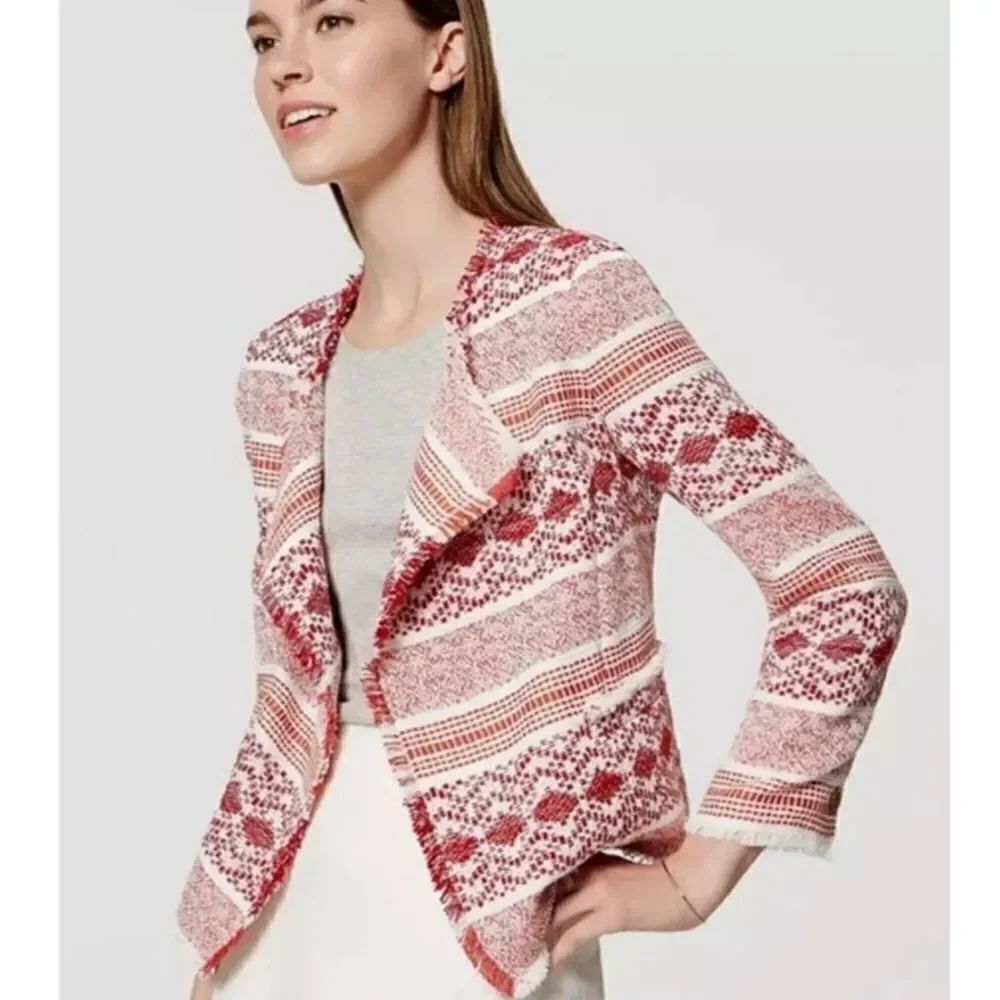 LOFT Textured Tweed Open Fringed Jacket Size 12